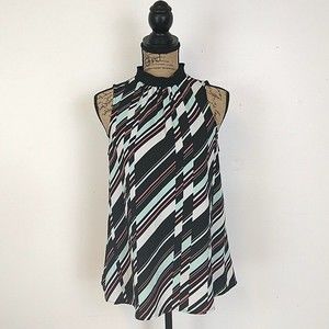 Elle Womens sz S Top Black White Stripe Sleeveless High Neck Button Closure